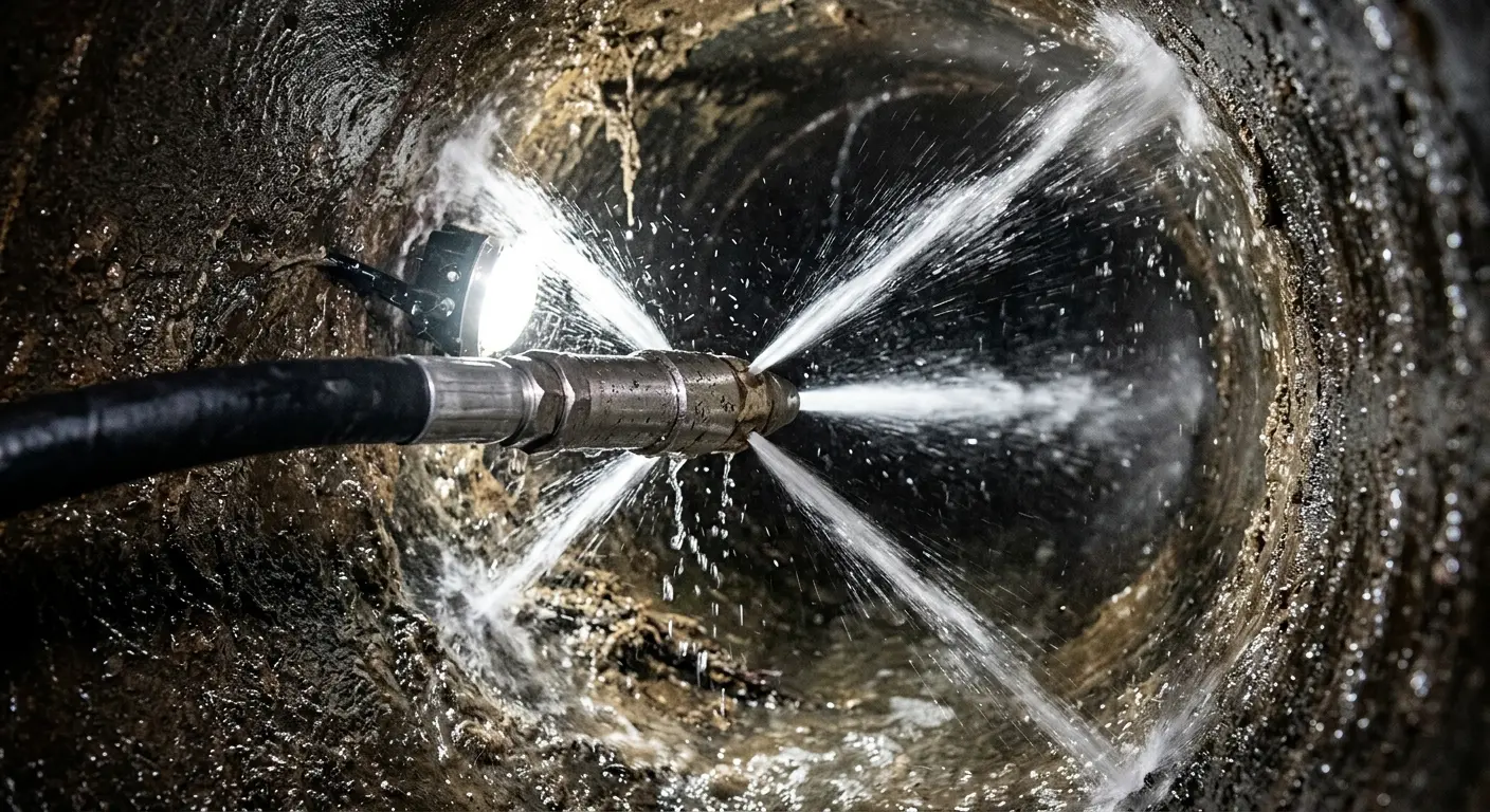High-pressure hydro jetting nozzle cleaning sewer pipe for Trenchless Sewer Repair in Carbondale