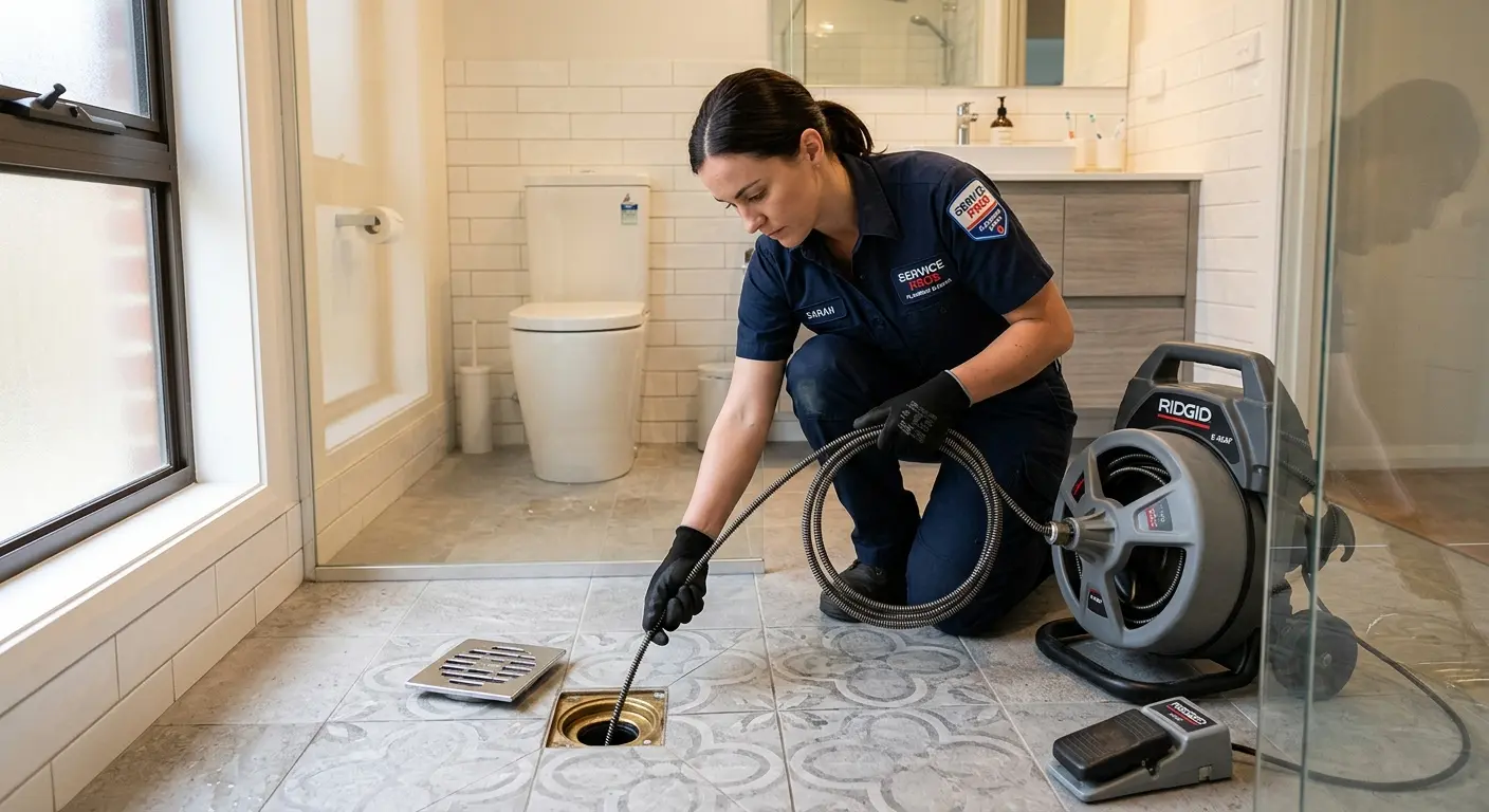 Technician clearing a bathroom floor drain for Sewer Line Installation in Carbondale